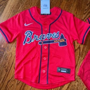 Nike Pre-School Red Braves Button-Front Jersey with Navy Trim